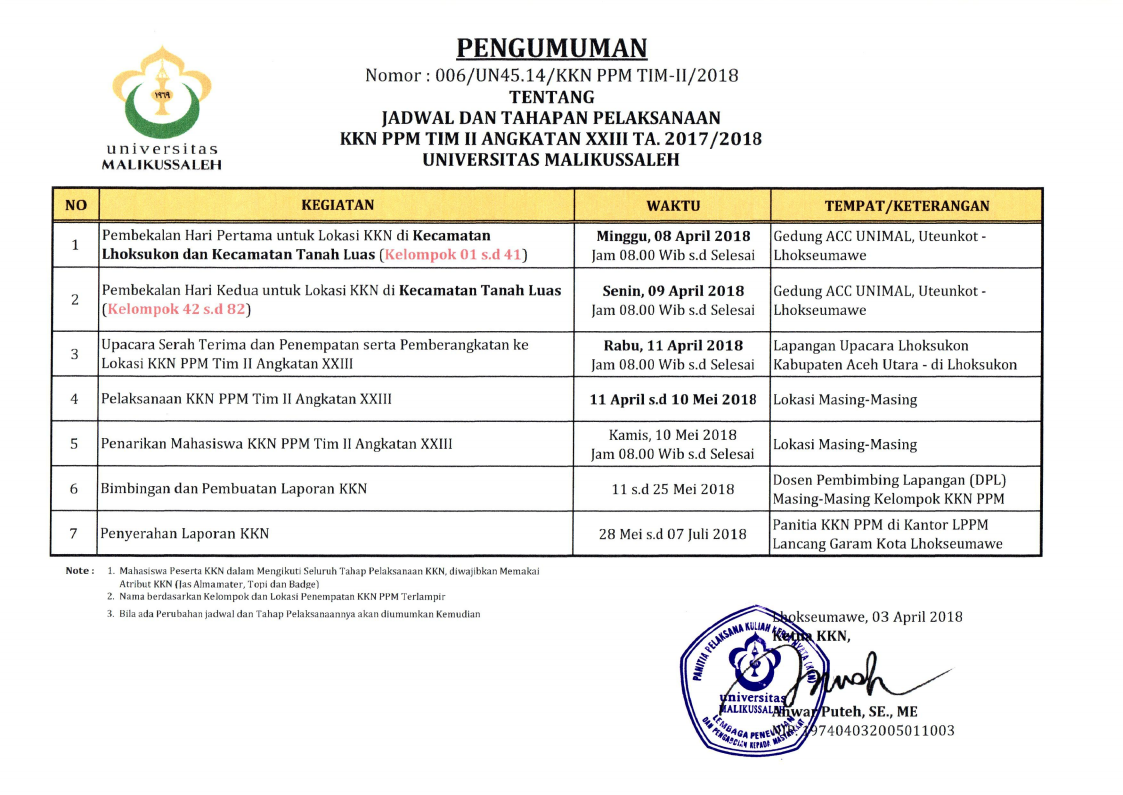 Jadwal KKN Angkatan XXIII Tahun 2017 2018